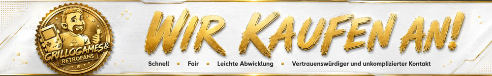 Goldene metallische Werbebanner mit kräftigem, stilisiertem Text, der „wir kaufen an!“ sagt, und einem kreisförmigen Logo mit einem Cartoon-Charakter, der einen Gamecontroller hält.