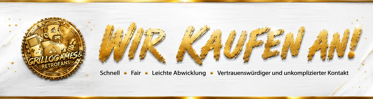 Goldene Münzlogoform mit einem Cartoon-Koch und dem Text „grillogames & retrofans“, der am Rand eingraviert ist.