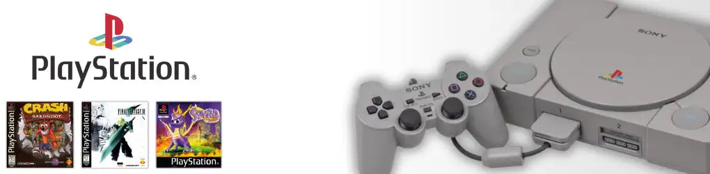 Graue PlayStation 1 Konsole mit passendem Controller, mit dem ikonischen Sony-Logo und dem runden Disc-Slot.