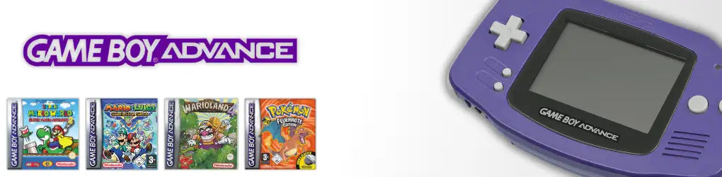 Lila Game Boy Advance Handheld-Spielkonsole mit schwarzem Bildschirm und silbernen Tasten.