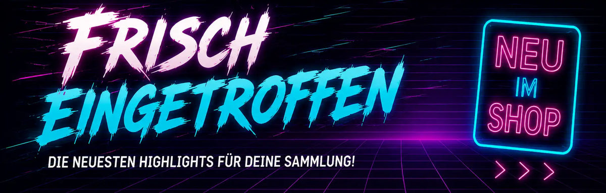 Neonschild, das „frisch eingetroffen“ bewirbt, mit leuchtend pinkem und cyanfarbenem Text vor dunklem Rasterhintergrund.