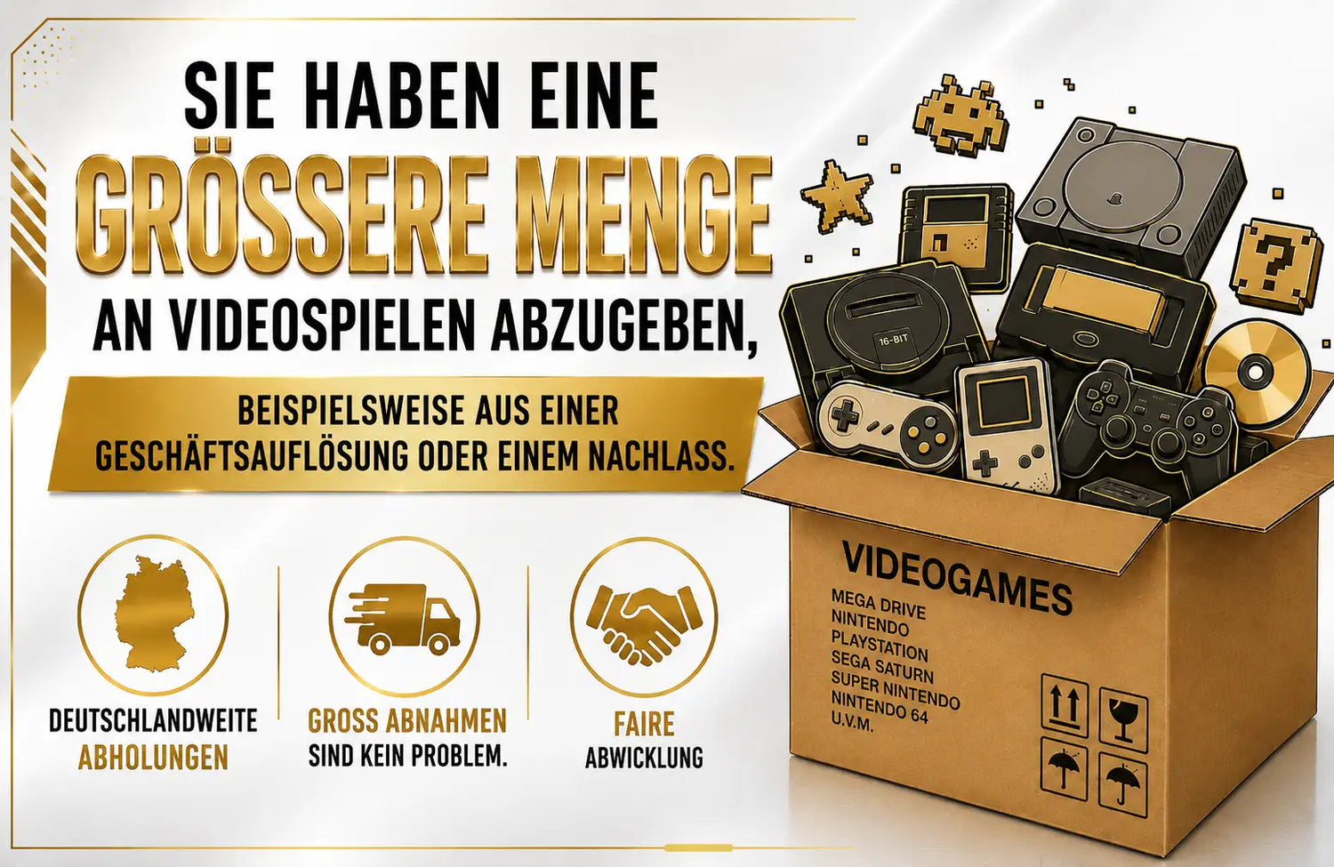 Ein Pappkarton, der überquillt mit Vintage-Videospielkonsolen und Zubehör, darunter ein Mega Drive, ein Nintendo Entertainment System, eine PlayStation 1, ein Sega Saturn, ein Super Nintendo sowie verschiedene Controller.