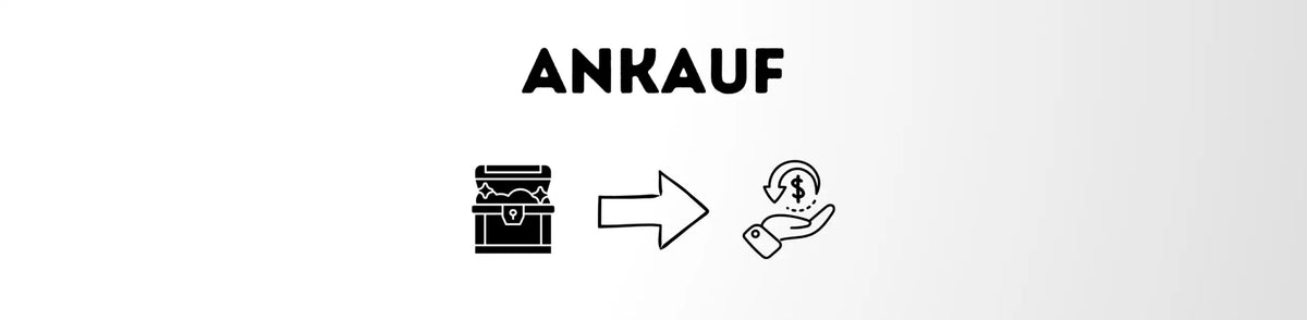 Schwarz-weiße Linienzeichnung einer Schatztruhe und einer Hand, die Geld hält, mit der Beschriftung „ankauf“ oben.