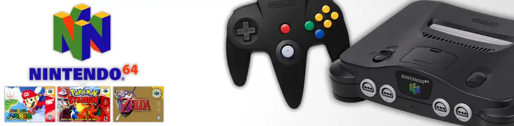 Schwarze Nintendo 64 Konsole mit Mattfinish und ikonischem Controller mit bunten Tasten.