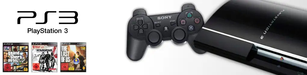 Schwarze PlayStation 3 Konsole mit glänzender Oberfläche und silberner Verzierung.