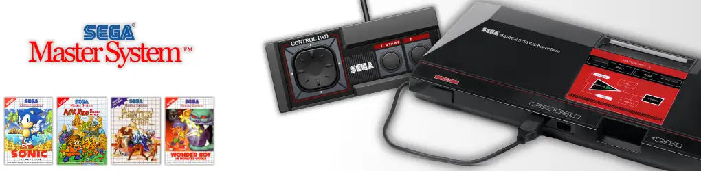 Schwarze und rote Sega Master System Konsole mit passendem Controller, mit einem schlanken Kunststoffdesign und ikonischer Markenführung.
