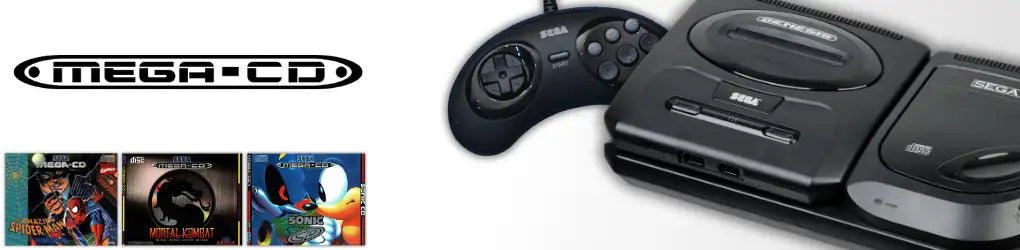 Schwarze Sega Mega-CD-Konsole mit passendem Controller und drei Spielehüllen, die darunter ausgestellt sind.