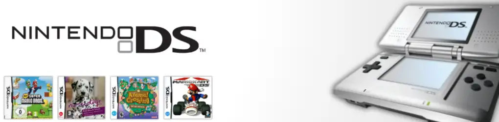 Silberne Nintendo DS Handheld-Spielkonsole mit Dual-Bildschirmen und klassischen Kartuschen-Slots.