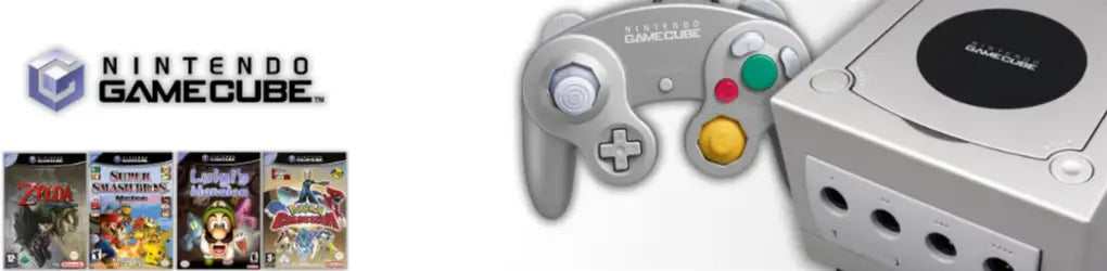 Silberner Nintendo GameCube-Controller mit bunten Tasten und passender Konsole.
