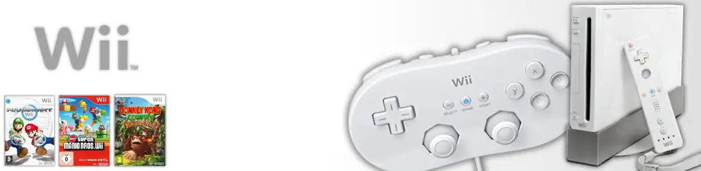 Weiße Wii-Konsole mit passendem weißen Controller und Fernbedienung.